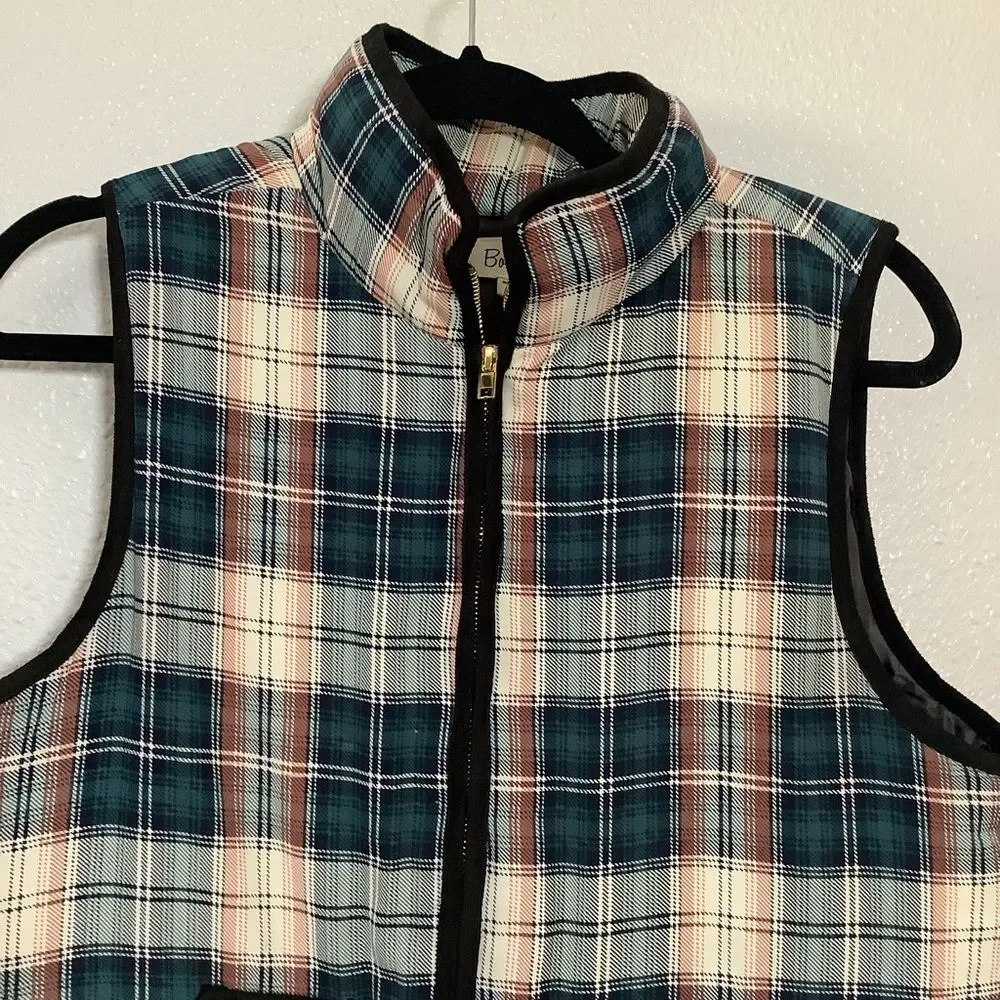 Plaid Tartan Preppy Casual Outdoors Hiking Camping Full Zip Puffer Vest M Winter